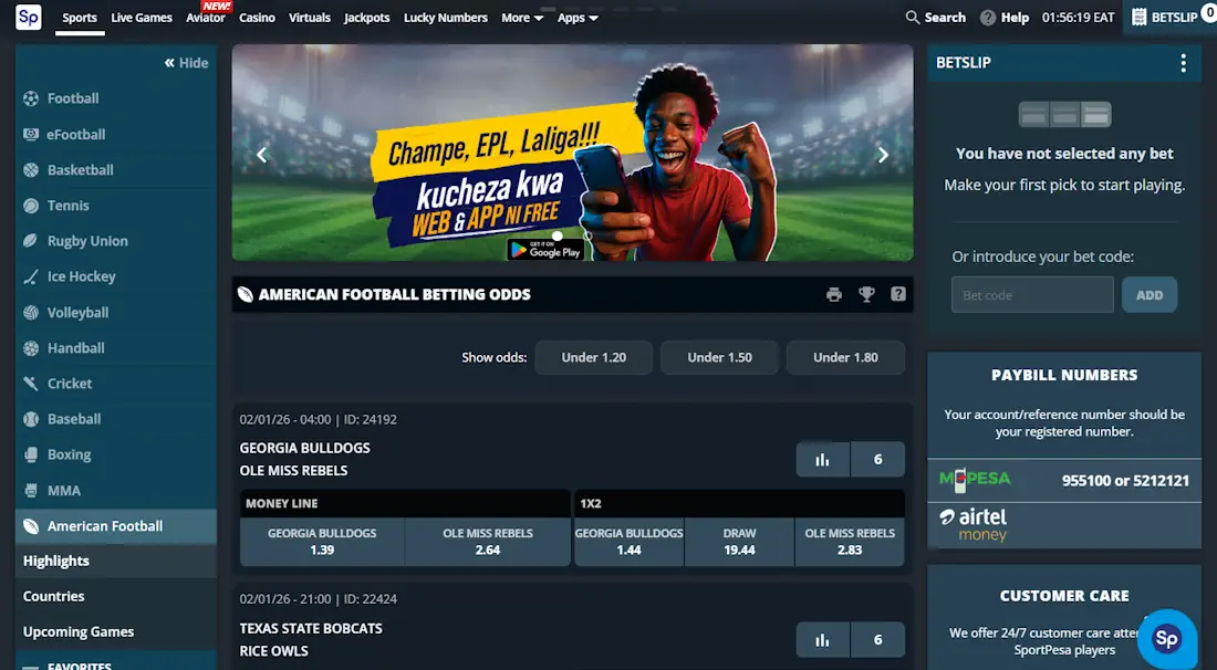 SportPesa American football NFL Betting Screenshot